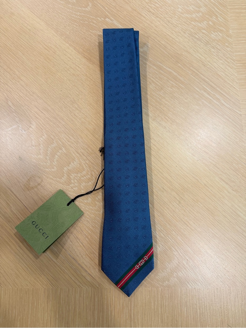 Gucci Blue Silk Tie with Green-Red Stripe Accent. Authentic